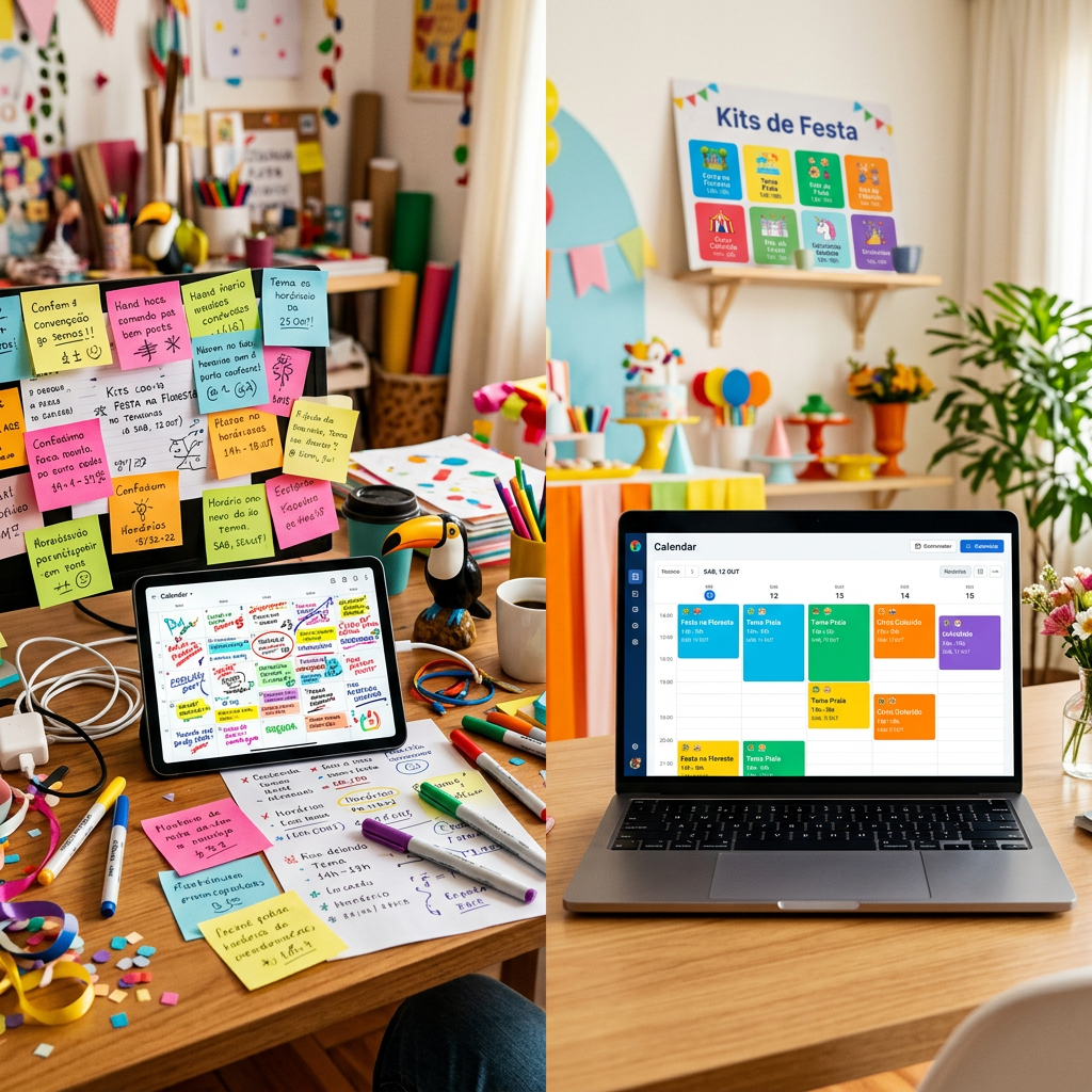Comparativo entre uma agenda desorganizada no Google Calendar e um sistema de gestão integrado para pegue e monte