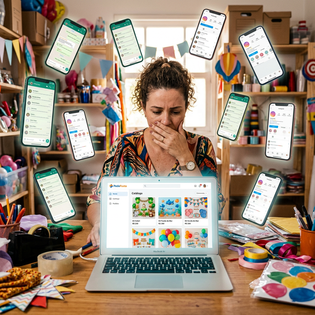 Fornecedora de pegue e monte organizando o atendimento caótico de WhatsApp e Instagram com a plataforma PedeFesta.