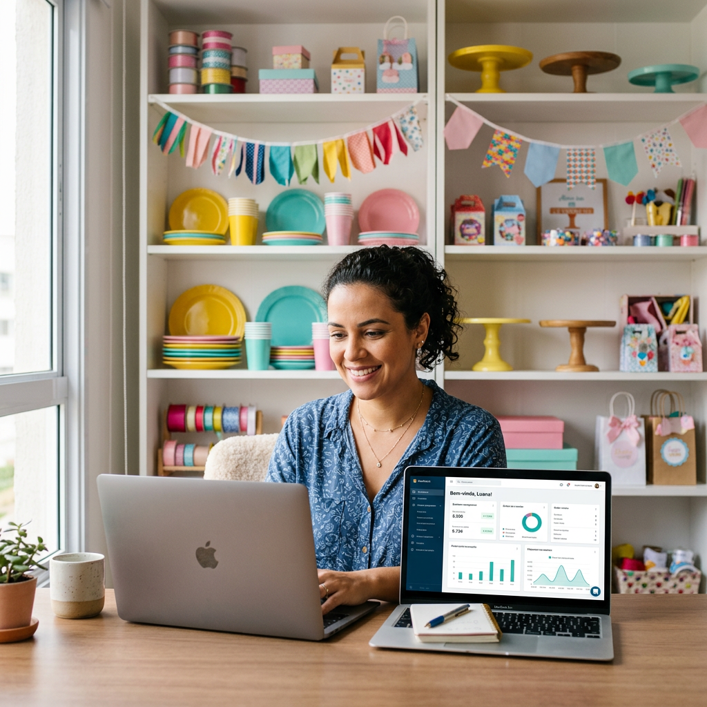 Mulher empreendedora fazendo a gestão de seu negócio de pegue e monte em um notebook, com itens de festa organizados ao fundo.