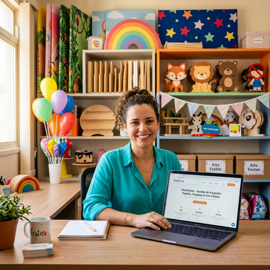 Empreendedora de pegue e monte em seu escritório organizado, planejando em seu notebook com o sistema PedeFesta.