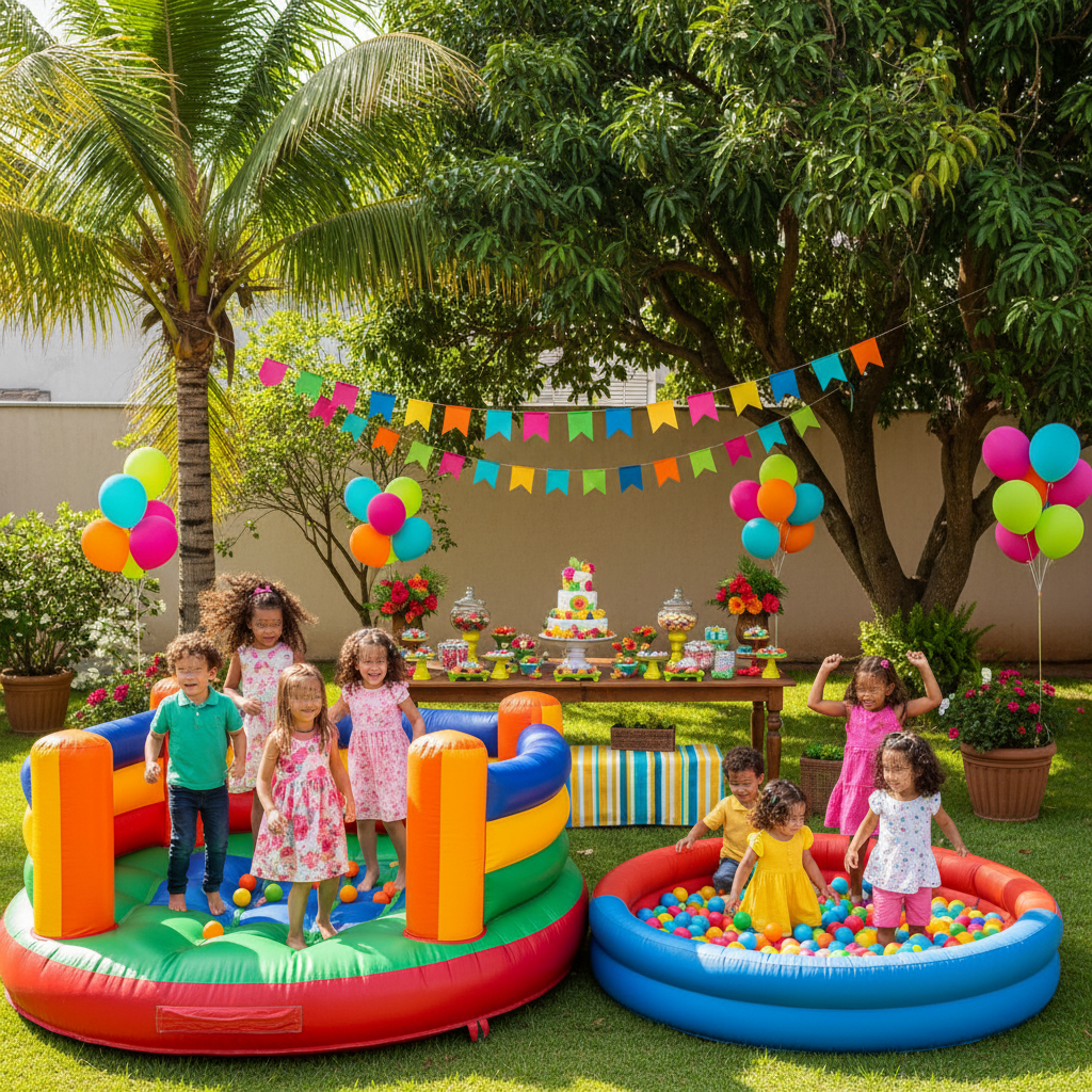Crianças felizes brincando em um pula-pula e piscina de bolinhas em uma festa infantil, ilustrando o negócio de aluguel de brinquedos.