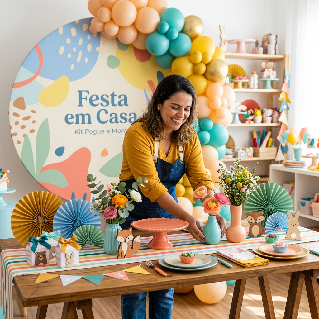 Mulher empreendedora organizando um kit de festa pegue e monte com painel, mesa e itens decorativos, representando como montar um negócio do zero.