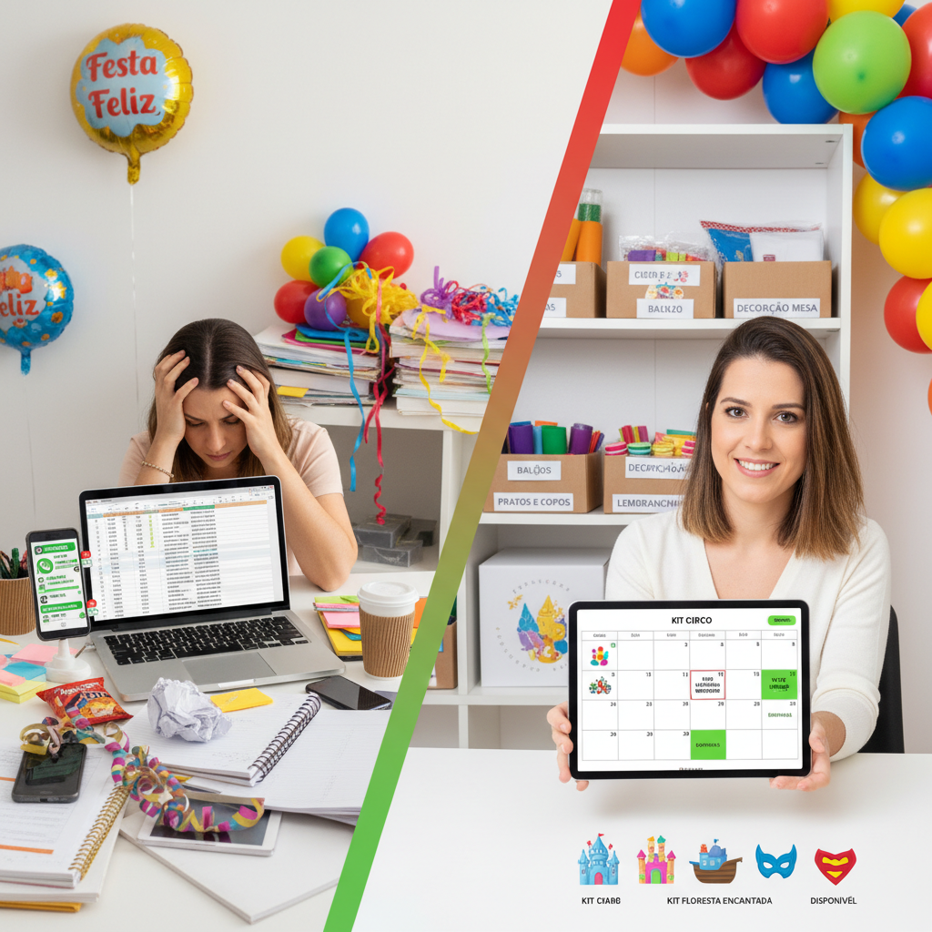 Comparativo entre um controle de agenda de pegue e monte manual e confuso versus uma agenda digital organizada no PedeFesta.